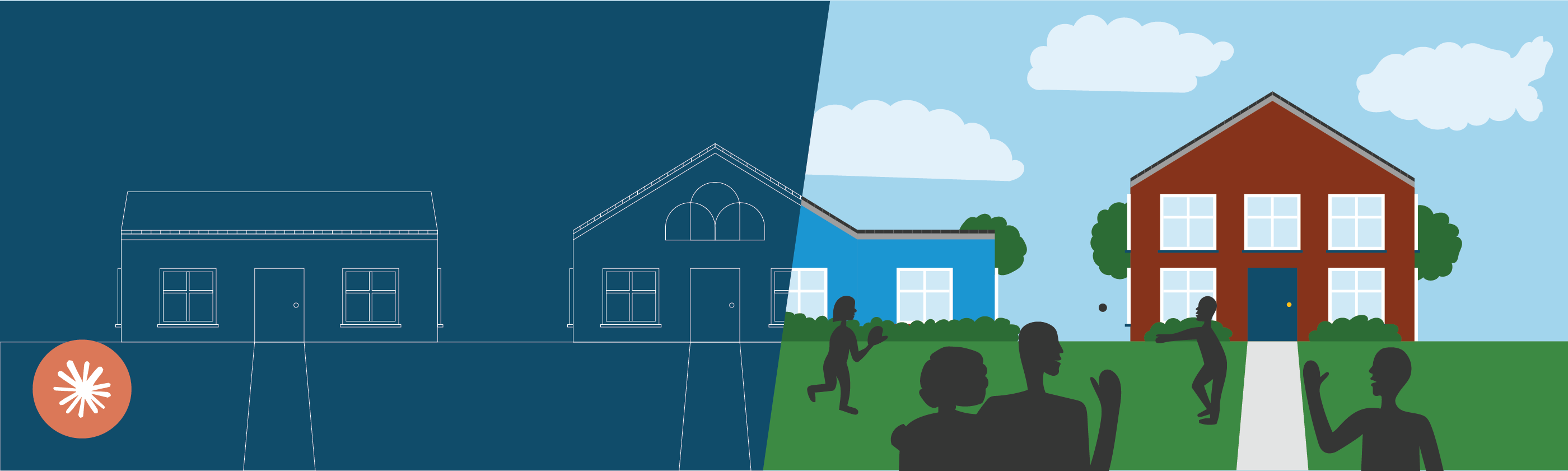 Split illustration contrasting housing blueprints with a colorful scene of homes and people in a community.
