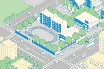 Illustration of builing with a roundabout in front of it