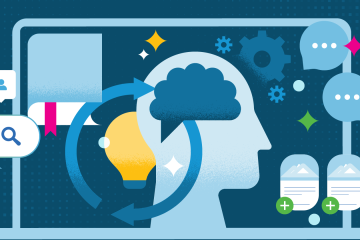 An illustrated banner depicting a human head silhouette with a brain and lightbulb inside, surrounded by icons representing AI and technology concepts including gears, chat bubbles, a search bar, documents, and puzzle pieces, set against a dark blue background.